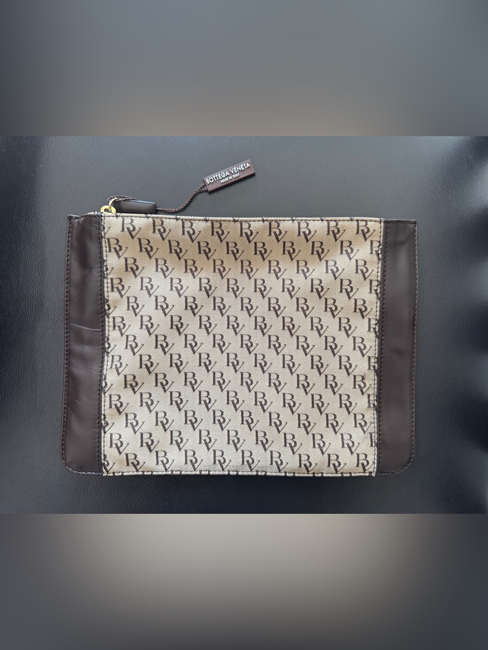 BOTTEGA VENETA Beige and Dark Brown Monogram Zip Pouch